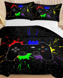 Black Video Game Comforter For Girls Boys Red Blue Green Purple Yellow Ink Game Controller Bedding Boy Bedroom Living Bed Decor With 1 Comforter 2 Pillow Shams