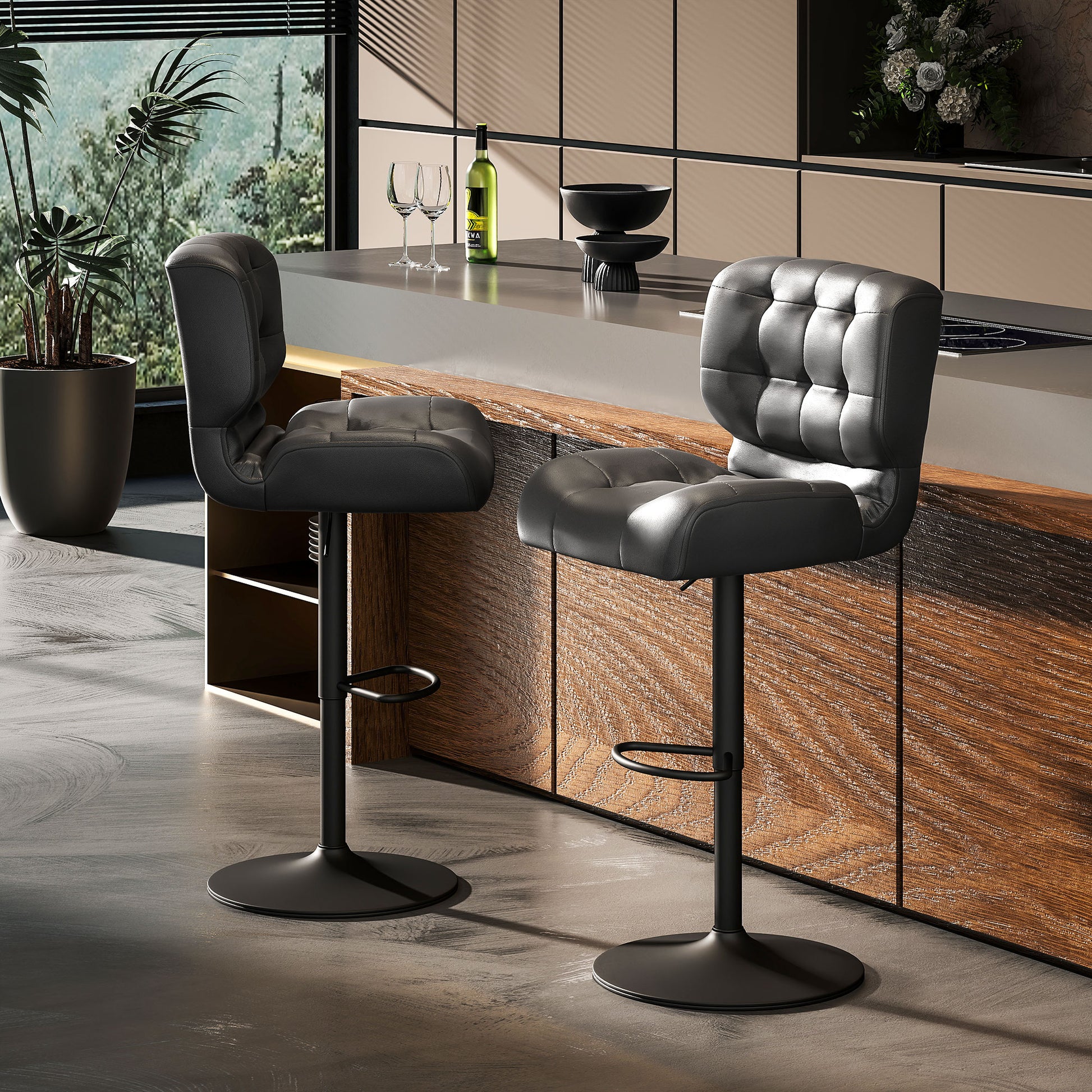 Bar Height Bar Stools Set of 2 with Adjustable Seat, Adjustable Swivel Barstools with Thick Padded Cushion and Metal Footrest for Home Bar, Black