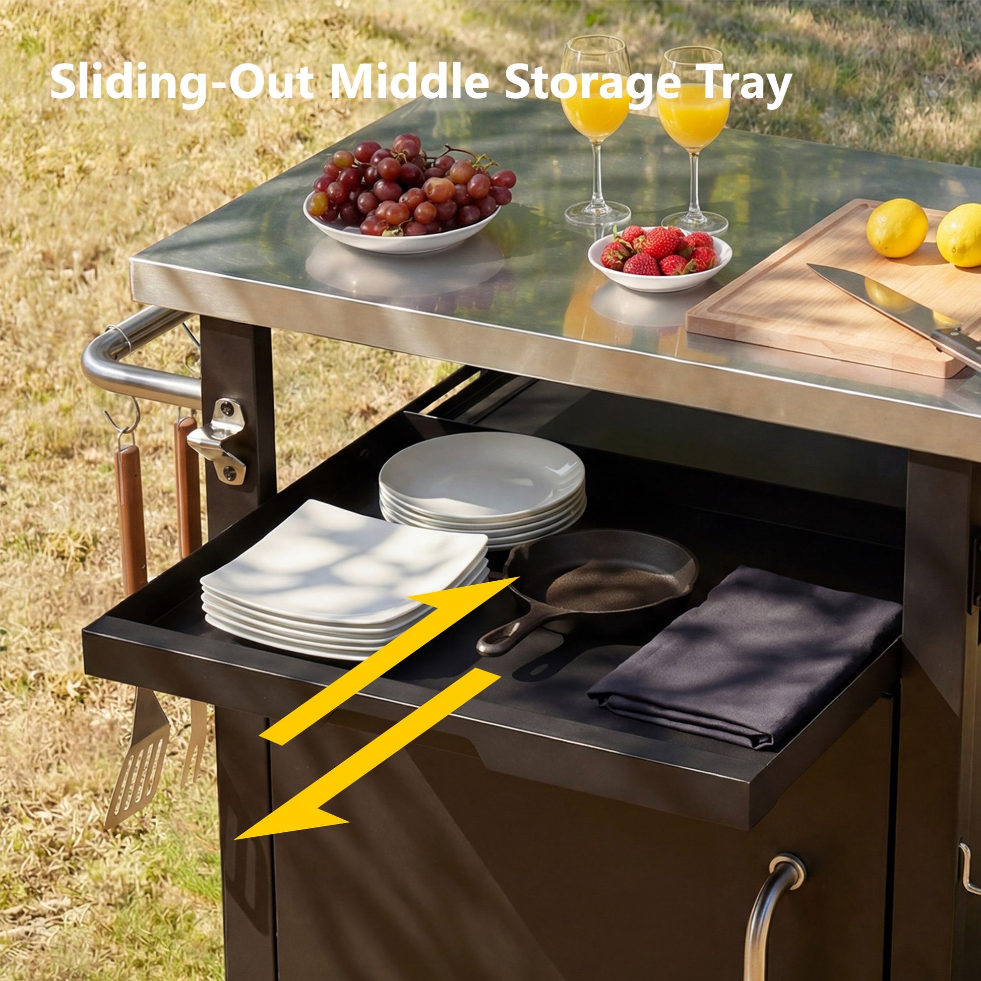 K&K 39.5  Outdoor Grill Cart With Storage Cabinet, Outdoor Bar Cart Pizza Oven Table With Wheels, Stainless Steel Top, Outdoor Kitchen Island With Spice & Paper Rack For BBQ, Waterproof Cover Included