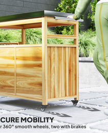 Outdoor Grill Cart w/ Stainless Steel Top, Solid Wood Outdoor Kitchen Island w/ Wheels, Storage Cabinets, Natural Wood