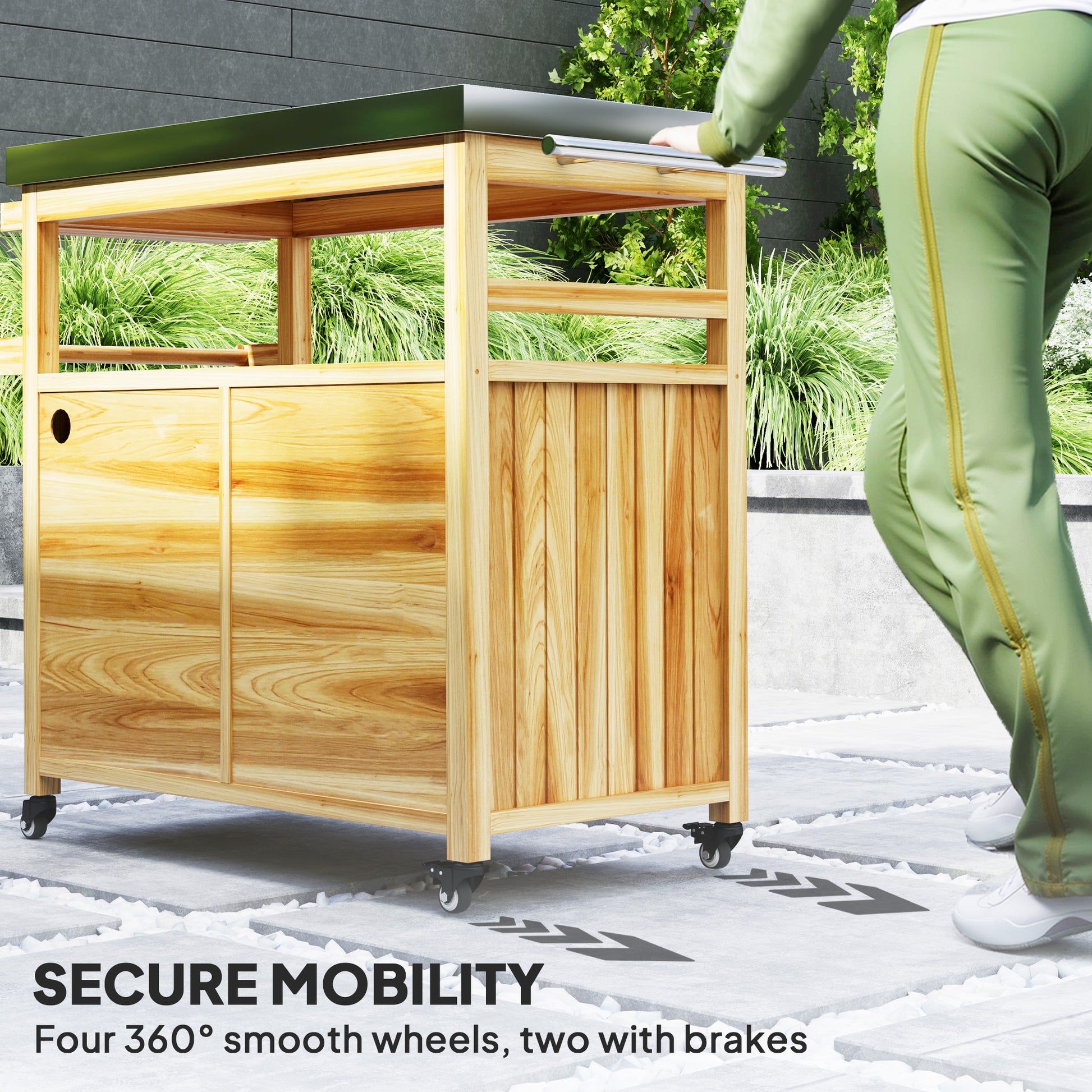 Outdoor Grill Cart w/ Stainless Steel Top, Solid Wood Outdoor Kitchen Island w/ Wheels, Storage Cabinets, Natural Wood
