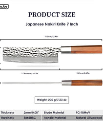 Qulajoy Nakiri Knife 7 Inch - Hammered Japanese Vegetable Knife 9cr18mov Mirror Polishing Hand Forged Blade Kitchen Knife - Olivewood Handle With Sheath