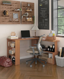 360° Rotating Home Office Desk L Shaped Corner Computer Desk with Storage Shelves, Writing Table Workstation, Teak