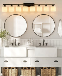 8-Light Bathroom Light Fixtures Over Mirror, 52inch Modern Matte Black Vanity Lights With White Frosted Glass Shade, Bathroom Wall Lamp Sconces For Mirror Bedroom, Living Room Hallway