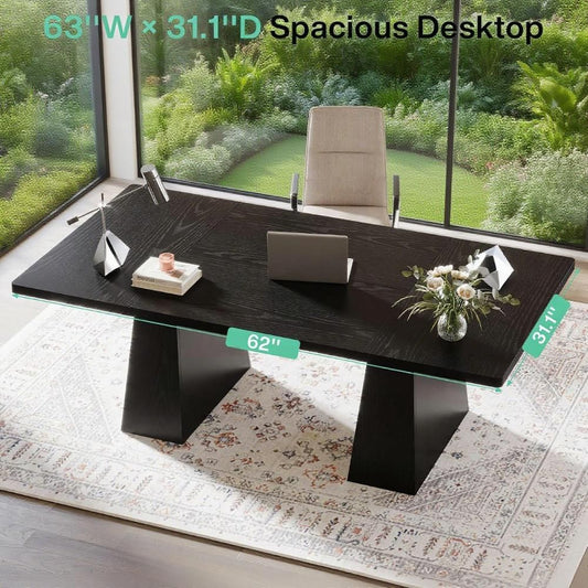 63-Inch Executive Desk, Large Office Computer Desk With Double Pedestal, Modern Simple Workstations Writing Table Conference Table