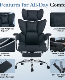 Large-sized High-back Office Chair - 350 Pounds, Anti-scratch PU Leather Executive Office Desk Chair, With Footrest, Reclining Computer Chair