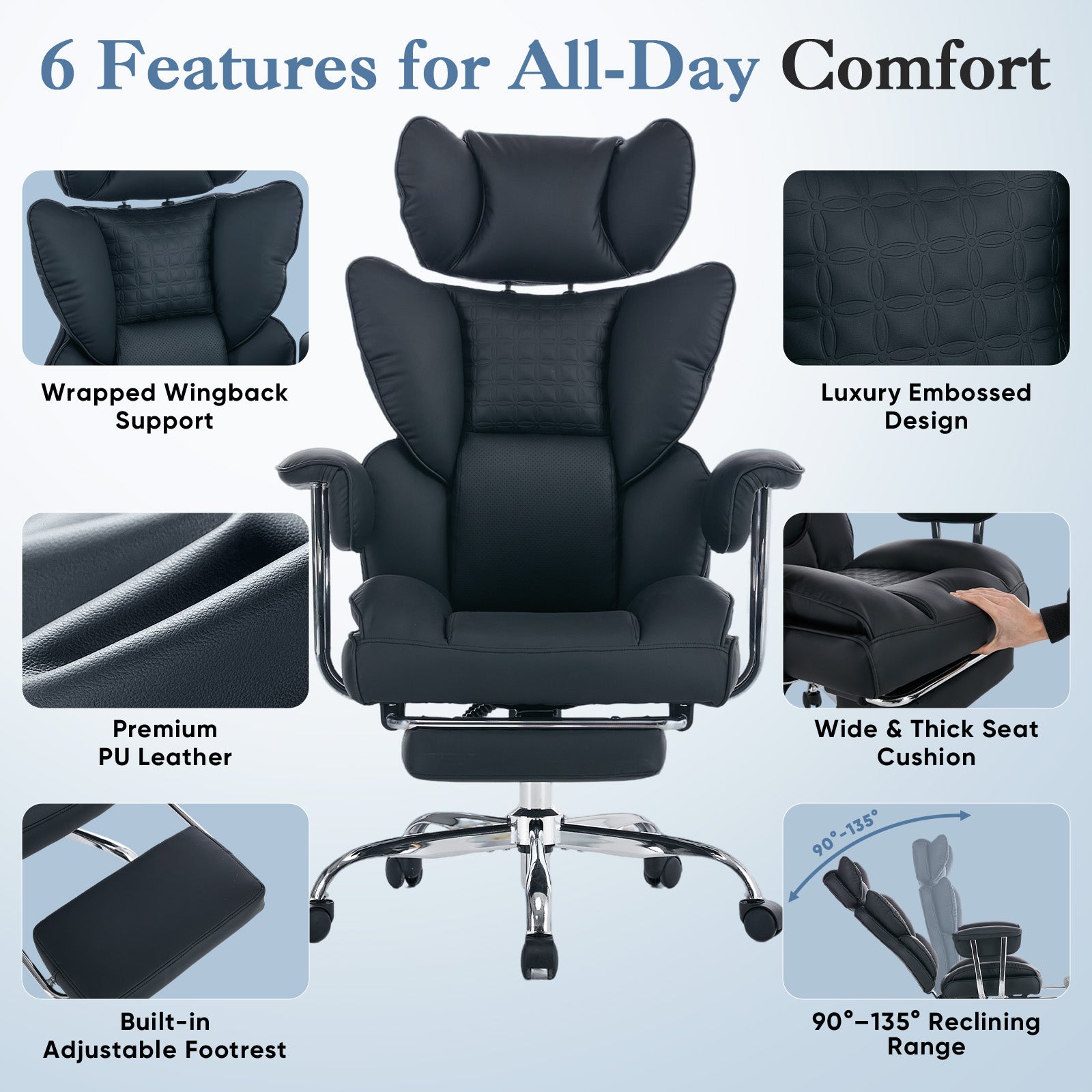 Large-sized High-back Office Chair - 350 Pounds, Anti-scratch PU Leather Executive Office Desk Chair, With Footrest, Reclining Computer Chair