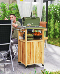 Outdoor Grill Cart w/ Stainless Steel Top, Solid Wood Outdoor Kitchen Island w/ Wheels, Integrated Hole, Natural Wood