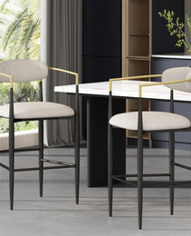 Barstools Set Of 2, Counter Height Upholstered Bar Stools With Back For Kitchen Island, Beige Faux PU Leather Seating Black Iron Legs 260LBS Weight Capacity