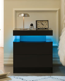 Nightstand LED Bedside Table Cabinet Lights Modern End Side With 2 Drawers For Bedroom Black
