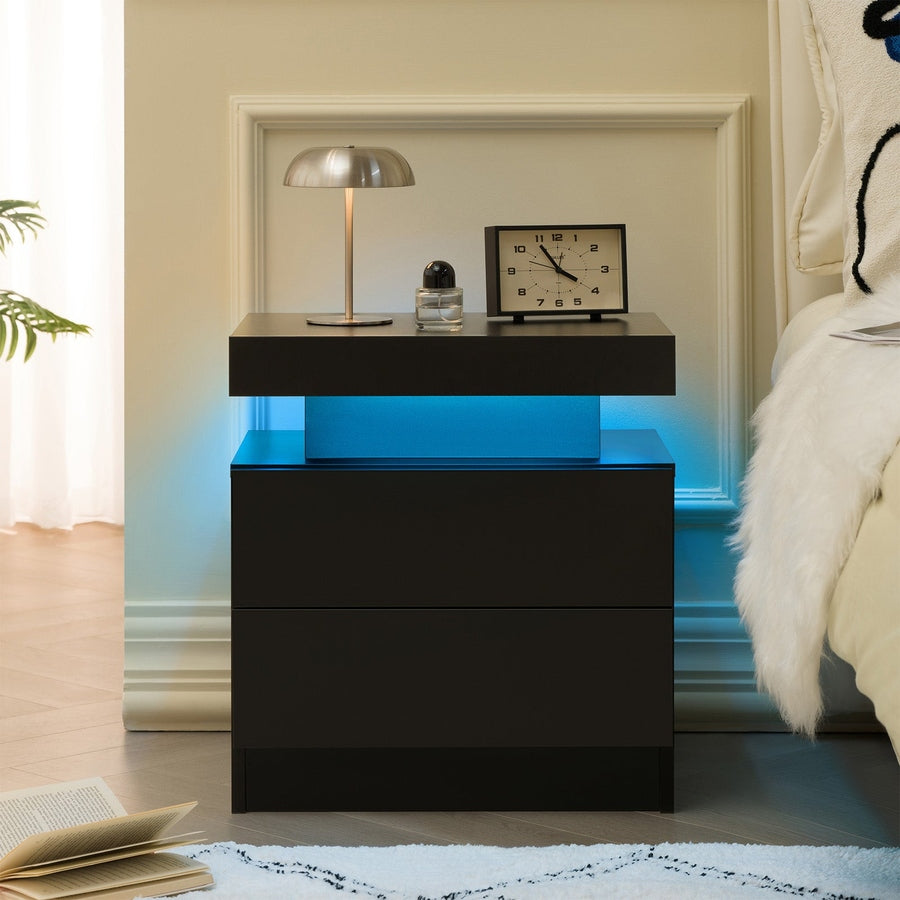 Nightstand LED Bedside Table Cabinet Lights Modern End Side With 2 Drawers For Bedroom Black