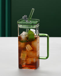 1 Pcs Green Glass Straw Cup, 6 Colors Square Glass Cup With Straw And Lid, High Borosilicate Glass Cup, Milk Cup, Juice Cup, Cold Drink Cup, Coffee Cup, Tea Cup, Office Cup, Gift Cup