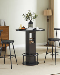 3-Piece Bar Table And Stool Set 31.5-inch Round Bar Table With Two Stools Compact Wooden Dining Bar With Metal Ring Footrest Ideal For Restaurants, Cafes, Bars, Living Rooms, And Small Spaces,Black