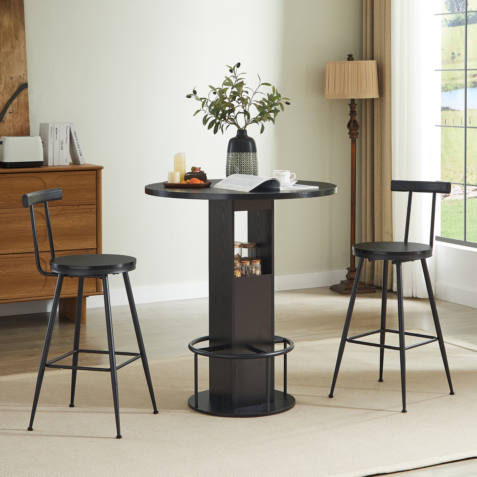 3-Piece Bar Table And Stool Set 31.5-inch Round Bar Table With Two Stools Compact Wooden Dining Bar With Metal Ring Footrest Ideal For Restaurants, Cafes, Bars, Living Rooms, And Small Spaces,Black