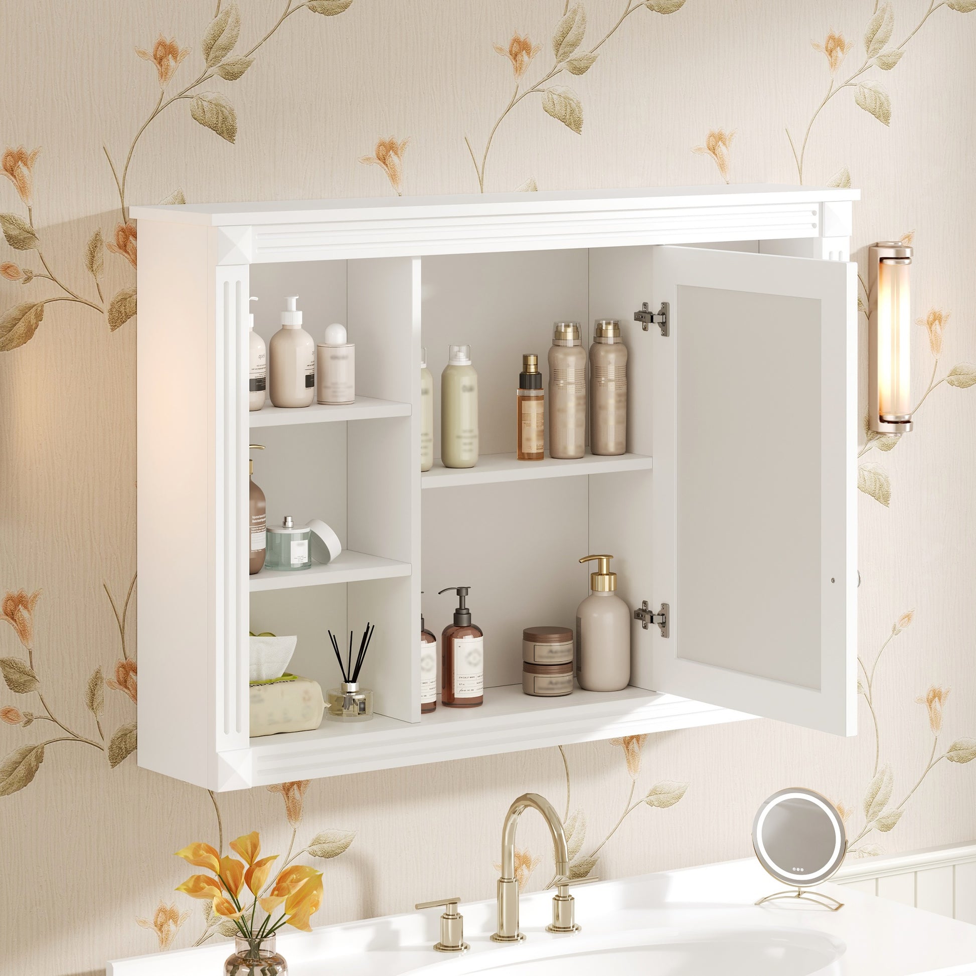 42 Wall Mounted Bathroom Storage Cabinet, Medicine Cabinet, Modern Bathroom Wall Cabinet With Mirror, Mirror Cabinet With 6 Open Shelves Not Include Bathroom Vanity