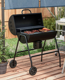 Barrel Charcoal BBQ Grill, Barbecue with 420 sq.in. Cooking Area, Wheels, Ash Catcher, Black