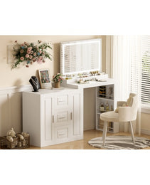 59Makeup Vanity Desk With Mirror, Vanity Mirror With Lights, Dressing Table With 3 Drawers And 2 Cabinets, Vanity Table With Storage Shelves For Bedroom, White - CJDS