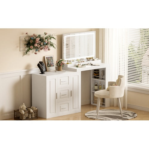 59Makeup Vanity Desk With Mirror, Vanity Mirror With Lights, Dressing Table With 3 Drawers And 2 Cabinets, Vanity Table With Storage Shelves For Bedroom, White - CJDS