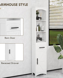 Farmhouse Tall Slim Bathroom Storage Cabinet with Recessed Drawer, Narrow Cabinet with Barn Door, White