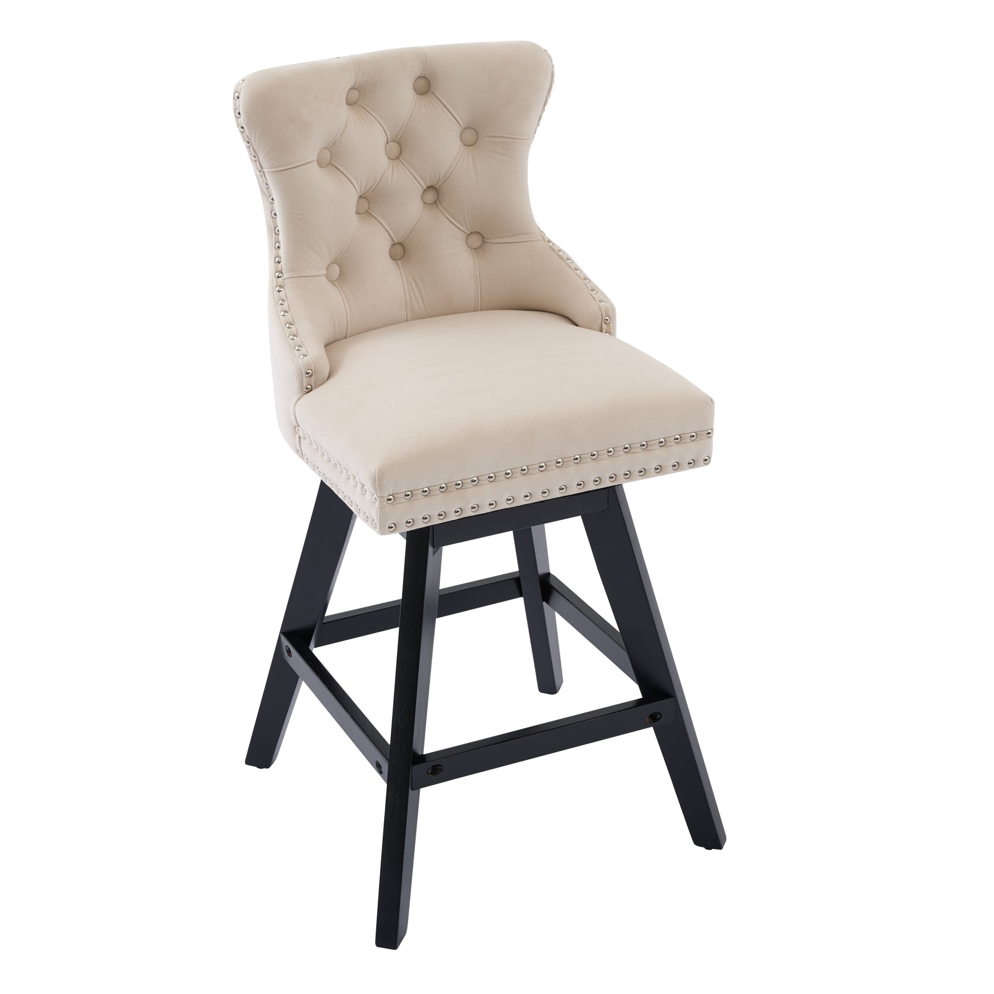 Swivel Velvet Barstools With Button Tufted Decoration And Wooden Legs, And Chrome Nailhead Trim, Leisure Style Bar Chairs,Bar Stools, Set Of 2  Beige,SW1860BG