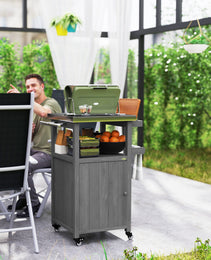 Outdoor Grill Cart with Stainless Steel Top, Solid Wood Outdoor Kitchen Island with Wheels, Integrated Hole, Dark Gray
