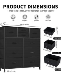 10-Drawer Dresser With Side Pocket & Hooks, Storage Cabinet With Wood Top For Bedroom Closet Organization