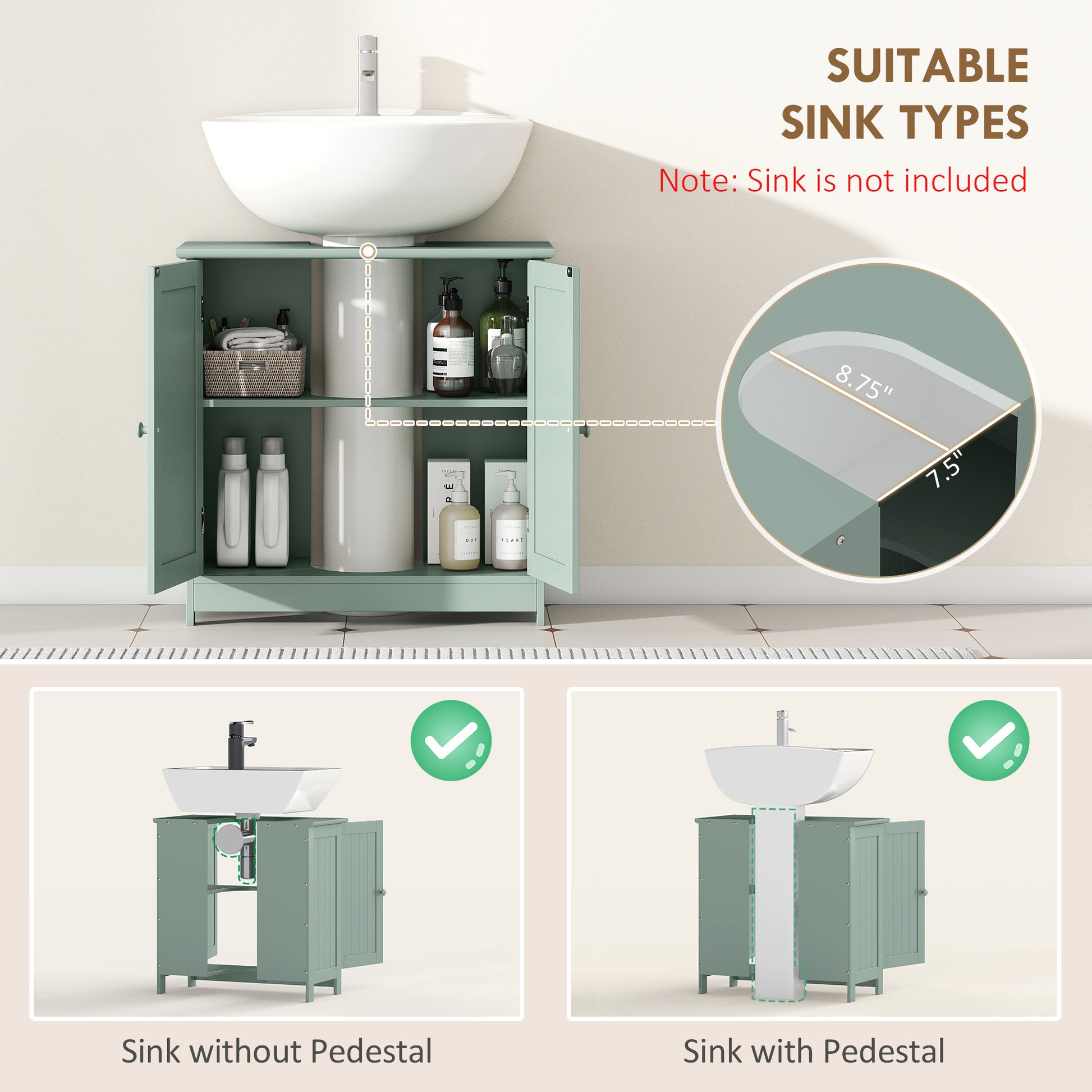 Bathroom Vanity Cabinet, Under Sink Bathroom Cabinet with 2 Doors and Adjustable Shelf, Dark Green