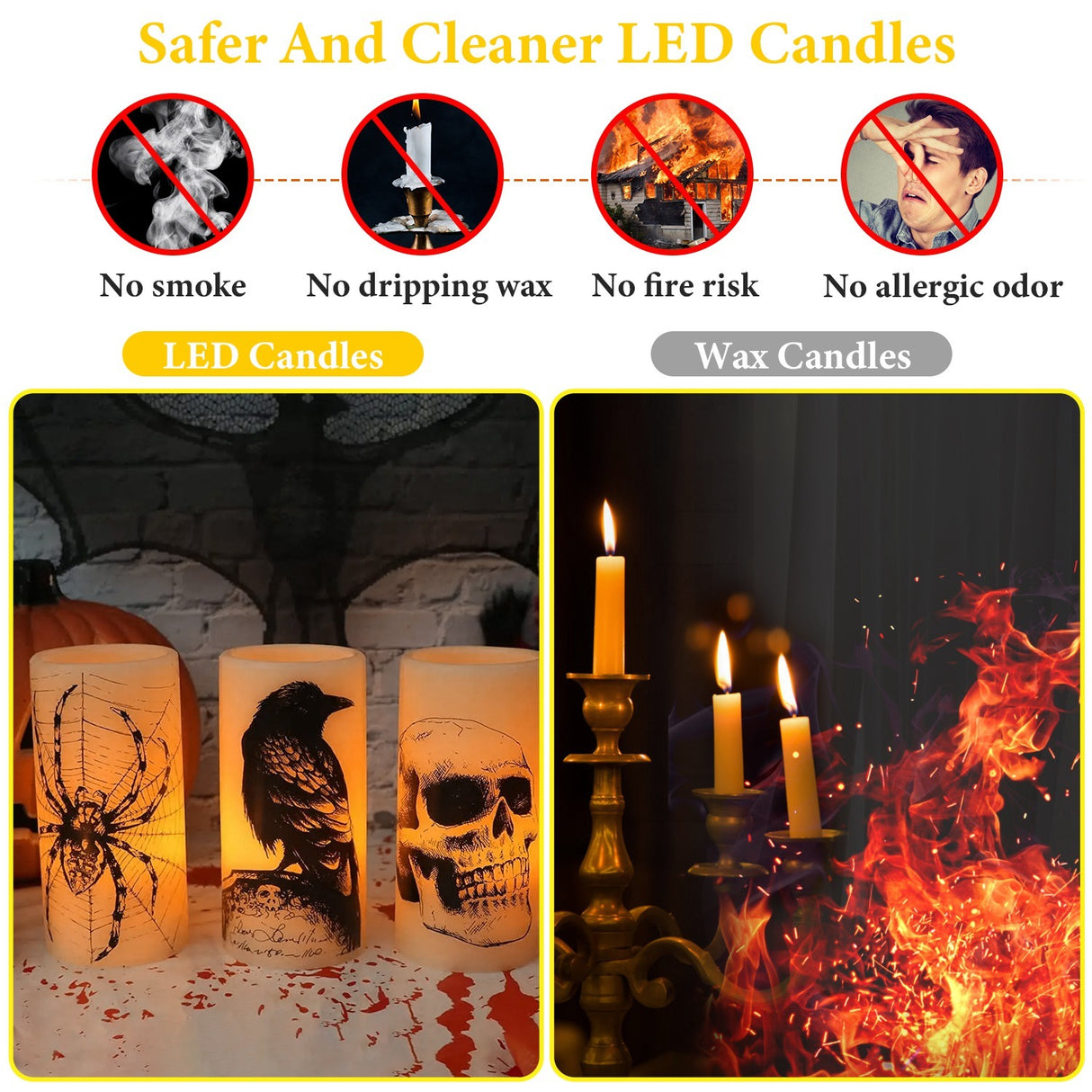 3 Pack Halloween Flameless Candle Lamp With Timer Setting Battery Operated Warm Orange Light Candles For Halloween Party Decoration - CJDS - FC