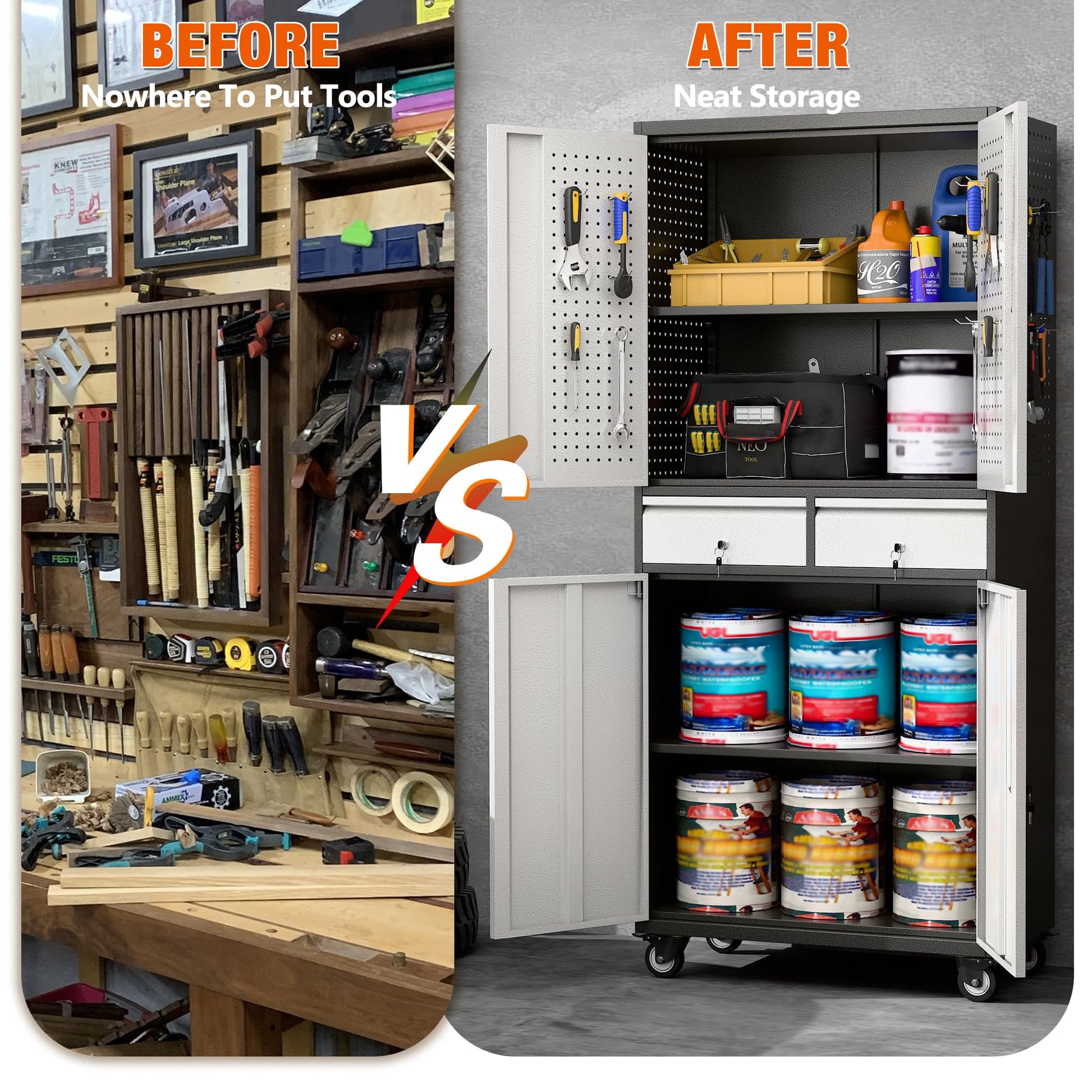 Aobabo Metal Storage Cabinet With Locking Doors And Pegboards, Steel Rolling Tool Storage Cabinet With 2 Drawer And 2 Adjustable Shelves For Garage, Kitchen, Office, Assembly Required, Black Grey