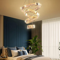 4 Ring Modern Long Crystal Pendant Chandelier for High Ceilings Warm White