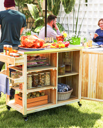 Outdoor Grill Cart With Stainless Steel Top, Solid Wood Outdoor Kitchen Island With Wheels, Natural Wood