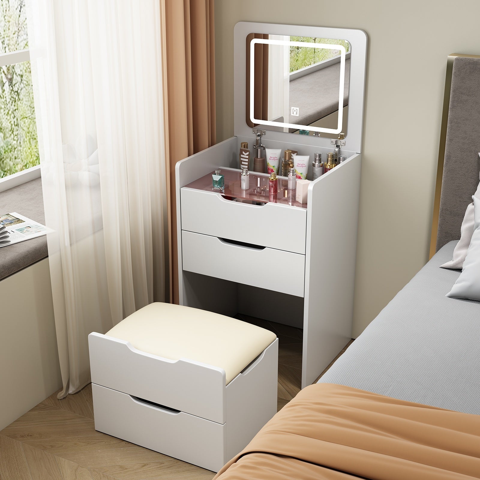 3 In 1 Vanity Desk With Plip Top Mirror,Small Make Up Vanity Set With Visible Glass Desktop,Compact - CJDS