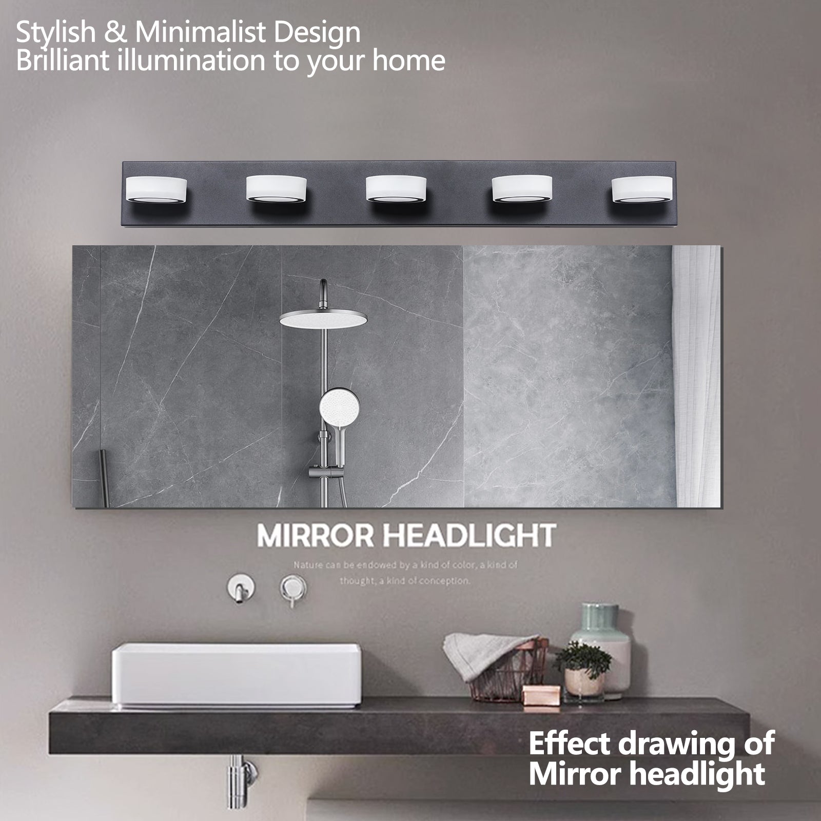37  Modern 5-Light LED Vanity Light, Sleek Black Bathroom Wall Light Fixture For Mirror, Shower, And Bathroom Decor