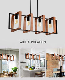 4-Light Kitchen Island Lights Pendant Light Farmhouse Dining Room Light Fixture, Rustic Wood And Black Metal Rectangular Chandelier, Hanging Lighting For Living Room,Conference Room, Home Office - CJDS