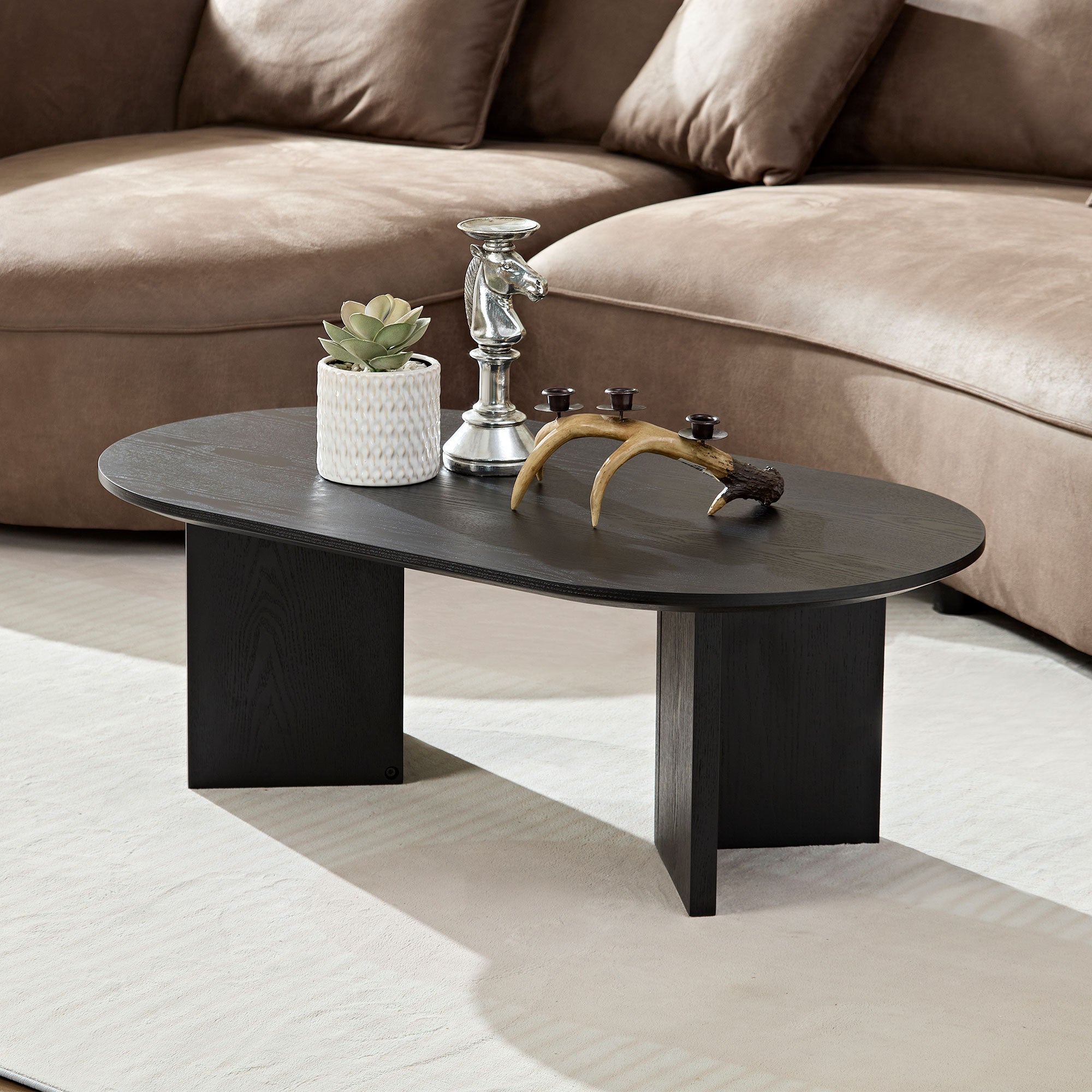 Length 39.37 Inch Modern Coffee Table,MDF Oval Coffee Table For Living Room,Small Coffee Table With Sturdy Pedestal For Apartment,Bedroom,Black