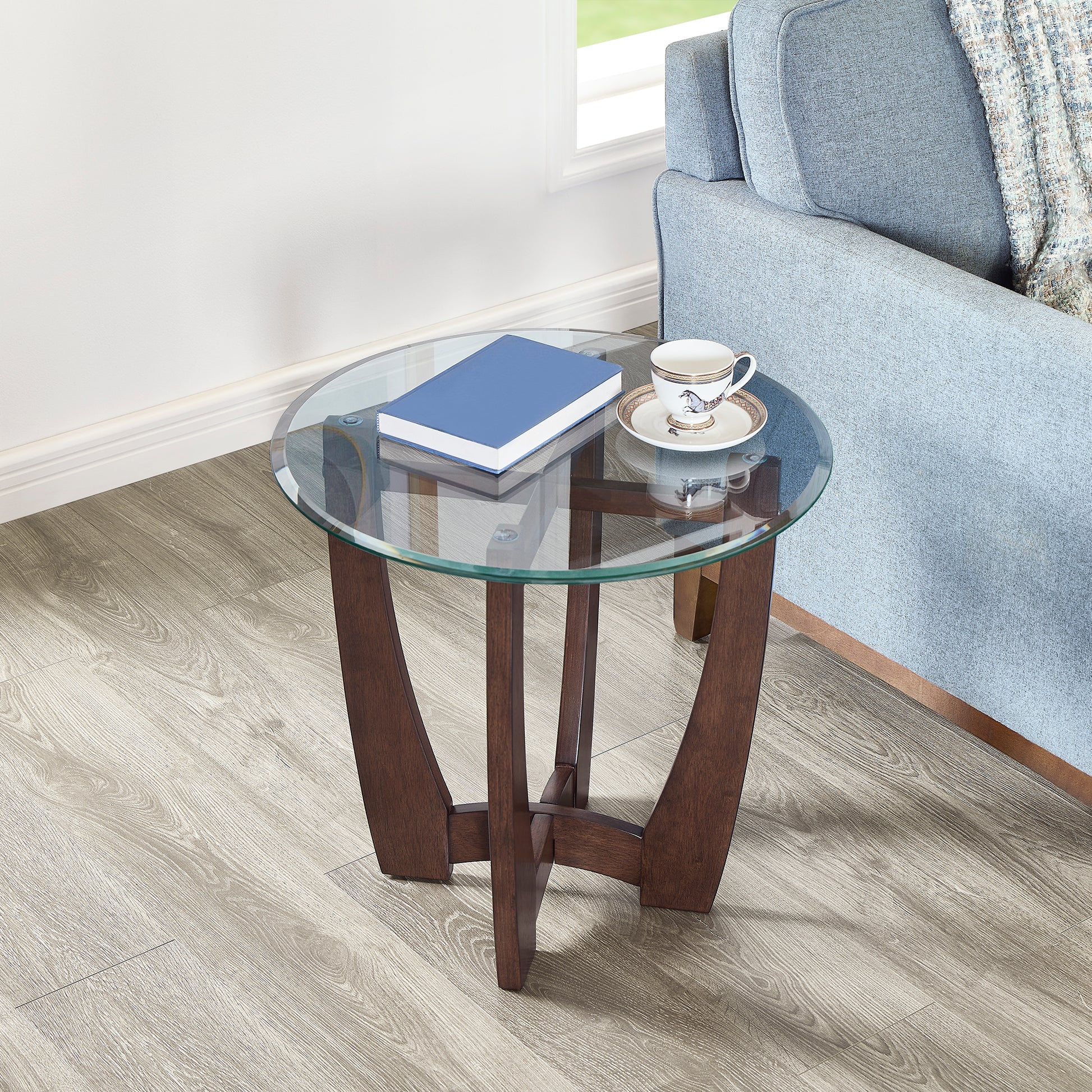 23.5 Inch Round Glass Coffee Table, Cherry Round Coffee Table Center Table With Glass Top, Small Coffee Table For Living Rooms, Offices And Apartments