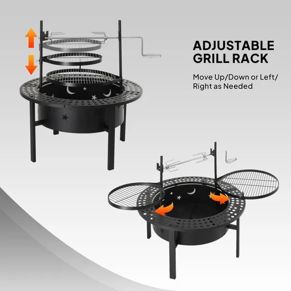 33 Inch Outdoor Fire Pit With 2 Cooking Grills, Wood Burning Firepit With Removable Swivel Grill, For Backyard Deck Bonfire Patio Picnic, Black