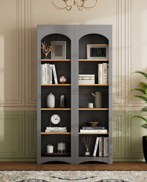 ON-TREND Free Standing 5 Tier Bookshelves, Bookcases Set Of 2, Farmhouse Two-Tone Storage Cabinet With Adjustable Shelves, Modern 72H Kitchen Pantry Cabinet For Living Room, Home Office, Grey