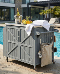 K&K 42.1  Outdoor Kitchen Island With Side Shelf, Outdoor Grill Cart With Storage Cabinet, Outdoor Kitchen Cabinet With Stainless Steel Top,  Adjustable Shelf And 4  Wheels For Pizza Prep, Grey Blue