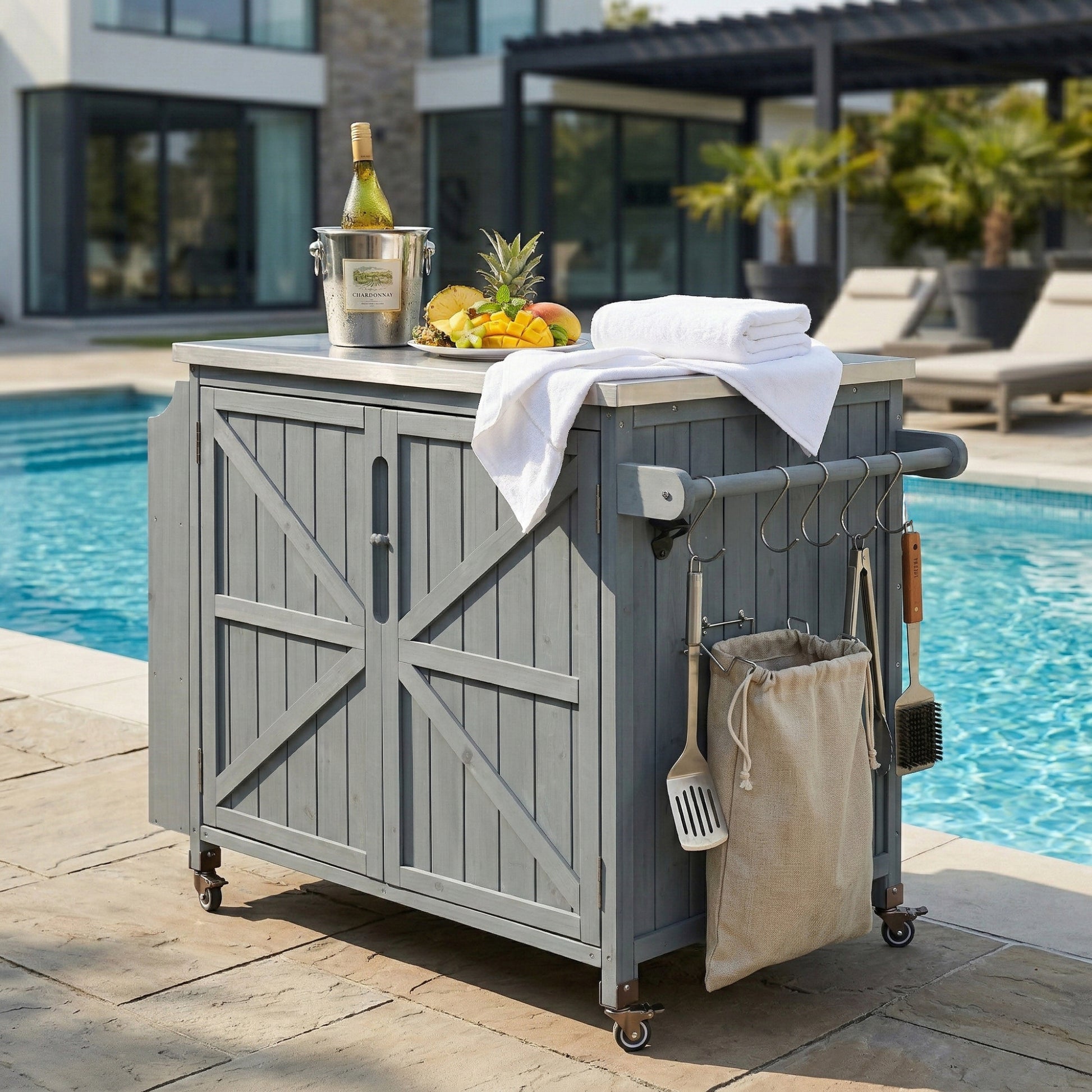 K&K 42.1  Outdoor Kitchen Island With Side Shelf, Outdoor Grill Cart With Storage Cabinet, Outdoor Kitchen Cabinet With Stainless Steel Top,  Adjustable Shelf And 4  Wheels For Pizza Prep, Grey Blue