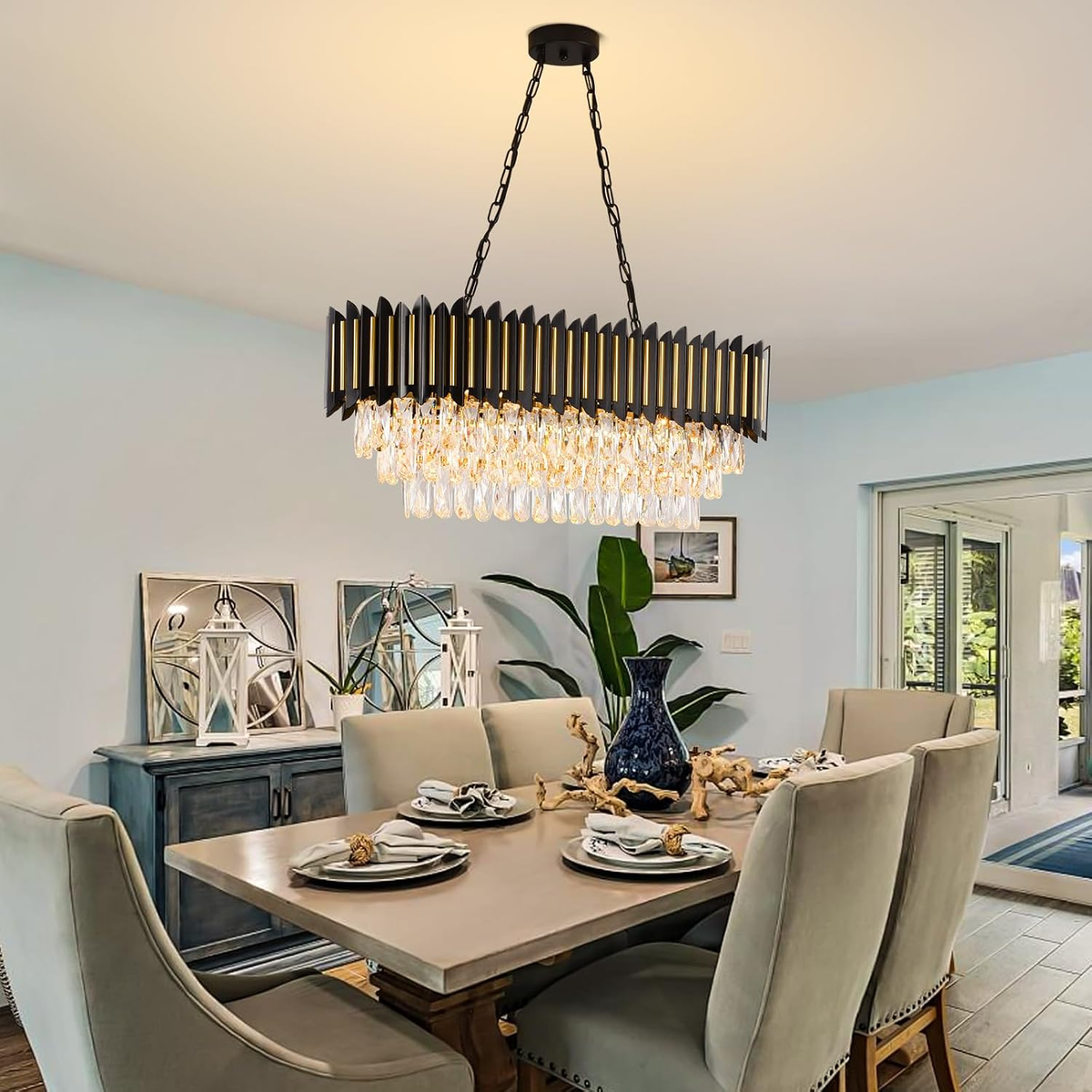 Black and Gold Chandelier 32In Oval Rectangular Crystal Chandelier Modern 8-Light Dimmable Pendant Light for Kitchen Island Dining Room Living Room Foyer Entryway High Ceiling