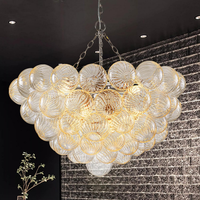 Bubble Glass Chandelier, 9-Light Ribbed Globe Shade, Black and Clear, 32"