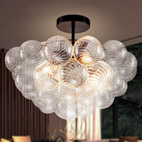 Bubble Glass Chandelier, 9-Light Ribbed Globe Shade, Black and Clear, 32"