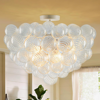 Bubble Glass Chandelier, 9-Light Ribbed Globe Shade, Black and Clear, 32"