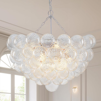 Bubble Glass Chandelier, 9-Light Ribbed Globe Shade, Black and Clear, 32"