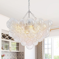 Bubble Glass Chandelier, 9-Light Ribbed Globe Shade, Black and Clear, 32"