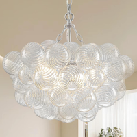 Bubble Glass Chandelier, 9-Light Ribbed Globe Shade, Black and Clear, 32"