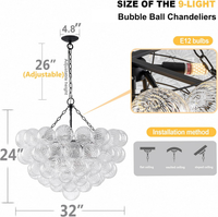 Bubble Glass Chandelier, 9-Light Ribbed Globe Shade, Black and Clear, 32"