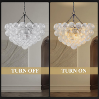 Bubble Glass Chandelier, 9-Light Ribbed Globe Shade, Black and Clear, 32"