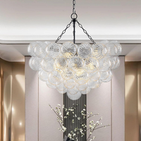 Bubble Glass Chandelier, 9-Light Ribbed Globe Shade, Black and Clear, 32"